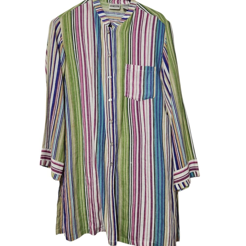Chicos Linen Dress Size 1 (Small) Striped Pattern Front Buttons